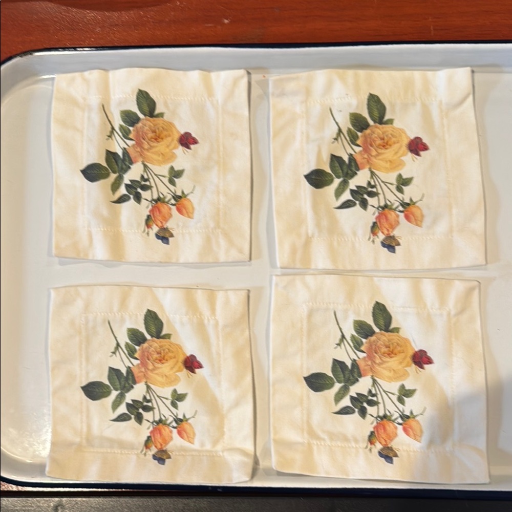 Coasters Naptins Set of 4 Cream and Yellow with Yellow Roses & Butterflies